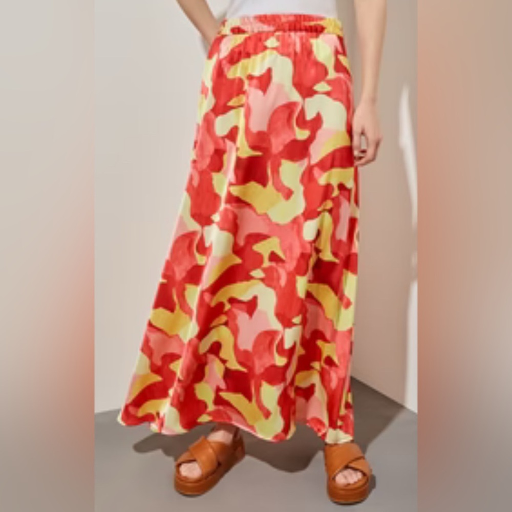 NWT Ming Wang Size XL A-Line Maxi Skirt Crepe de Chine Multi-Color Abstract
